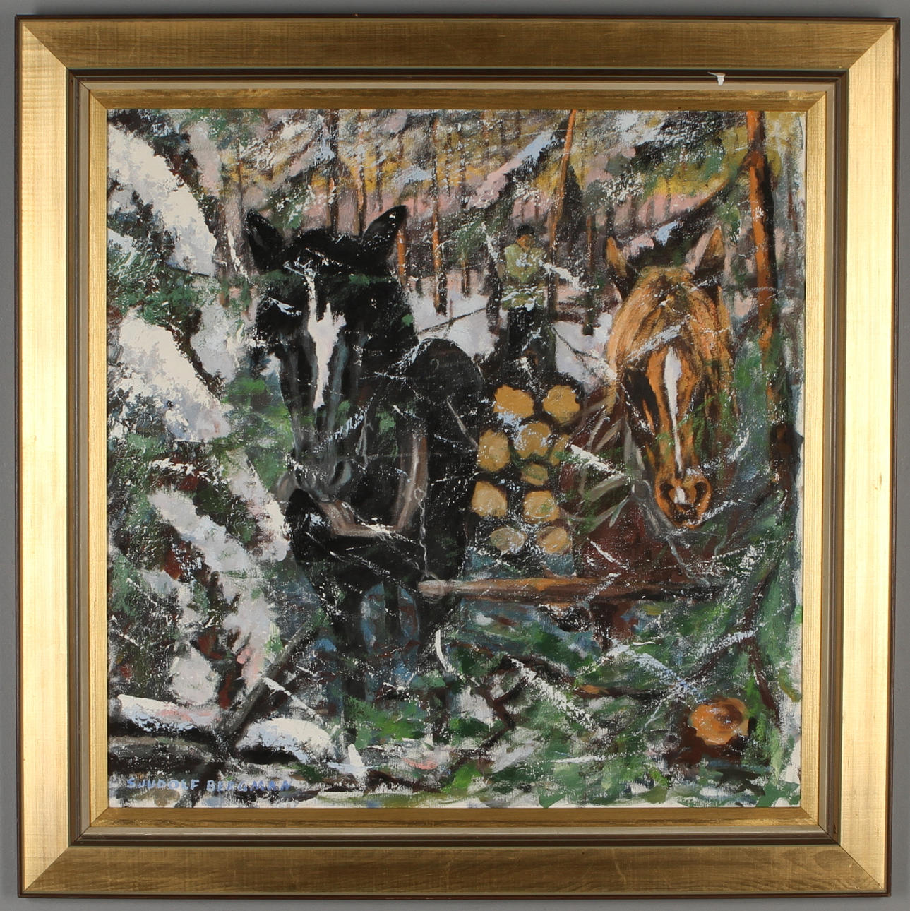 SJUDOLF BERGMAN. Timmerhästarna, olja på duk, signerad.