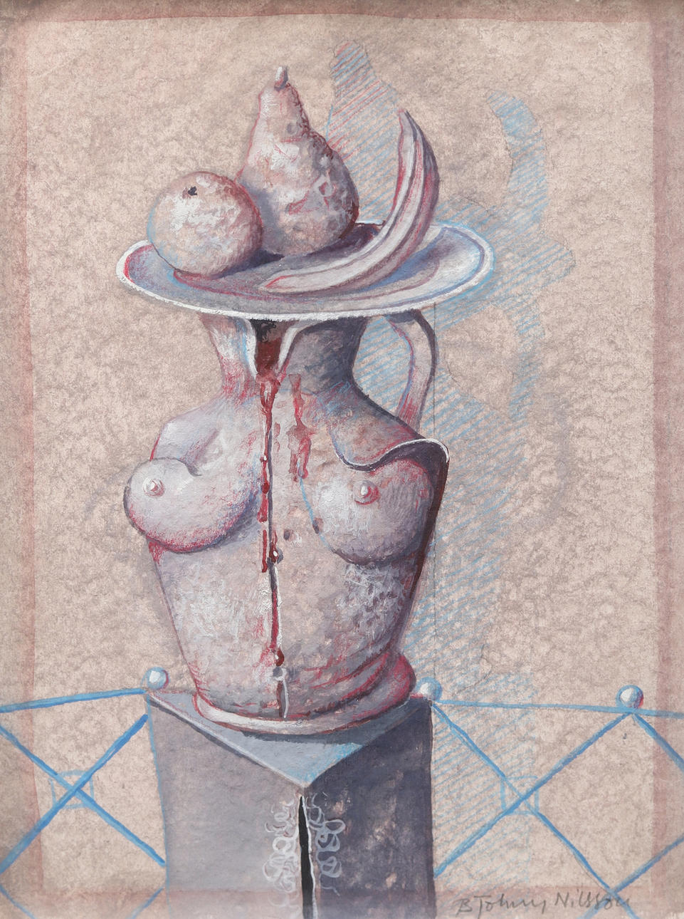 BERT-JOHNNY NILSSON. Bodegón surrealista, gouache, firmado.