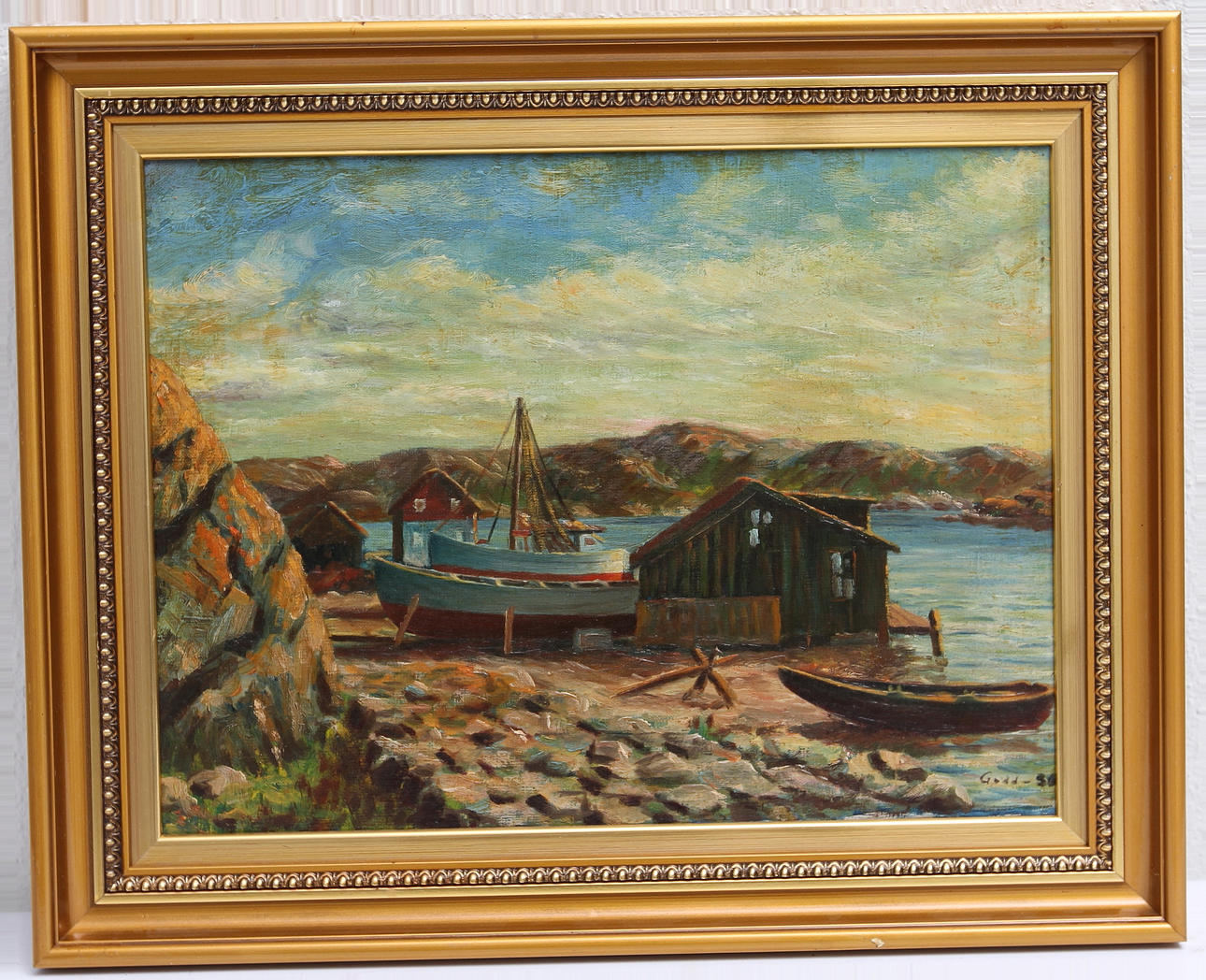 KARL-AXEL GADD. Kustmotiv med båtar vid sjöbod. Olja på duk, sign.