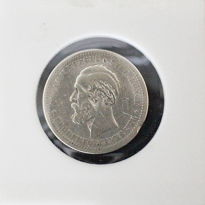 MYNT, 1 krone, 1887 Oskar ll Norges och Sveriges Konge, Broderfolkenes vel.