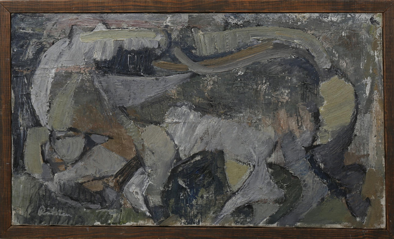 RUNE RÅDSTEN. Djurformation, olja på duk, otydlig signatur.