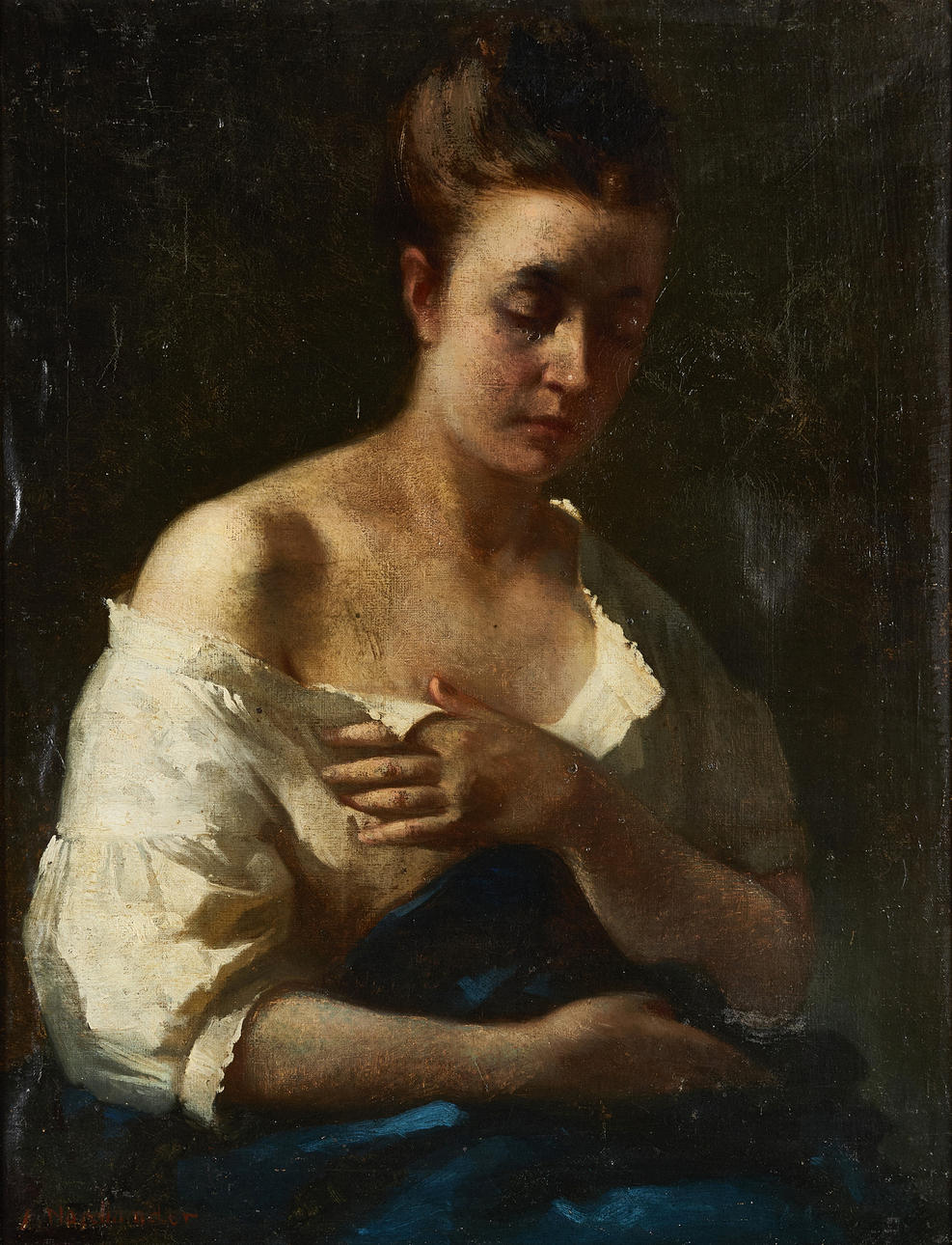 ANNA NORDLANDER (Skellefteå 1843-1879 Stockholm), Kvinna i tankar, signerad, olja på duk.