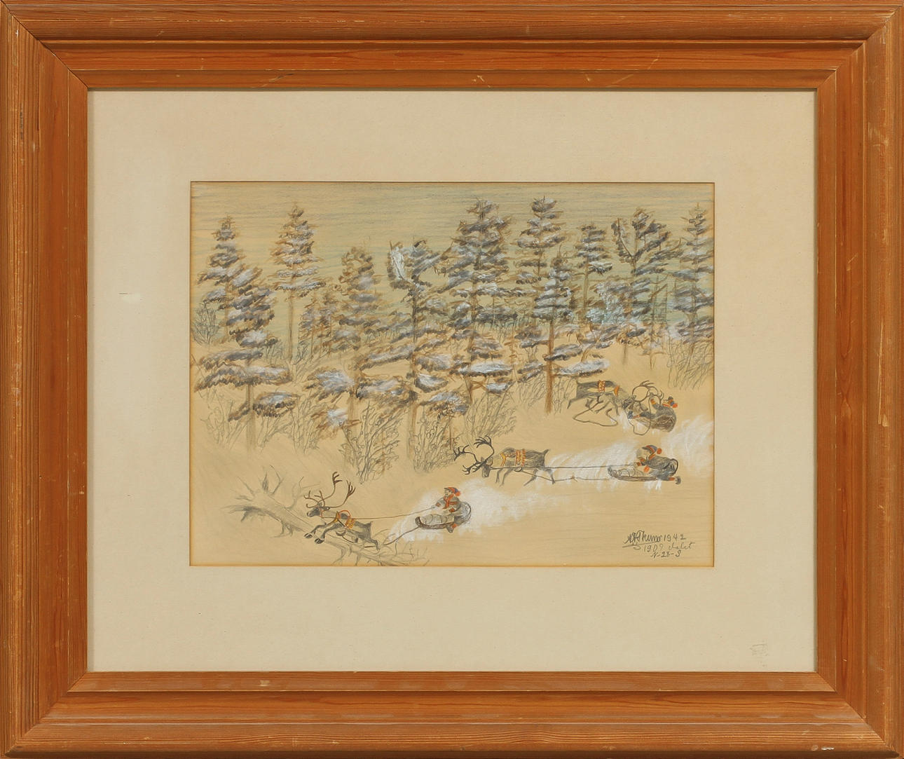 NILS NILSSON SKUM. Samer och renar, blandteknik, signerad.