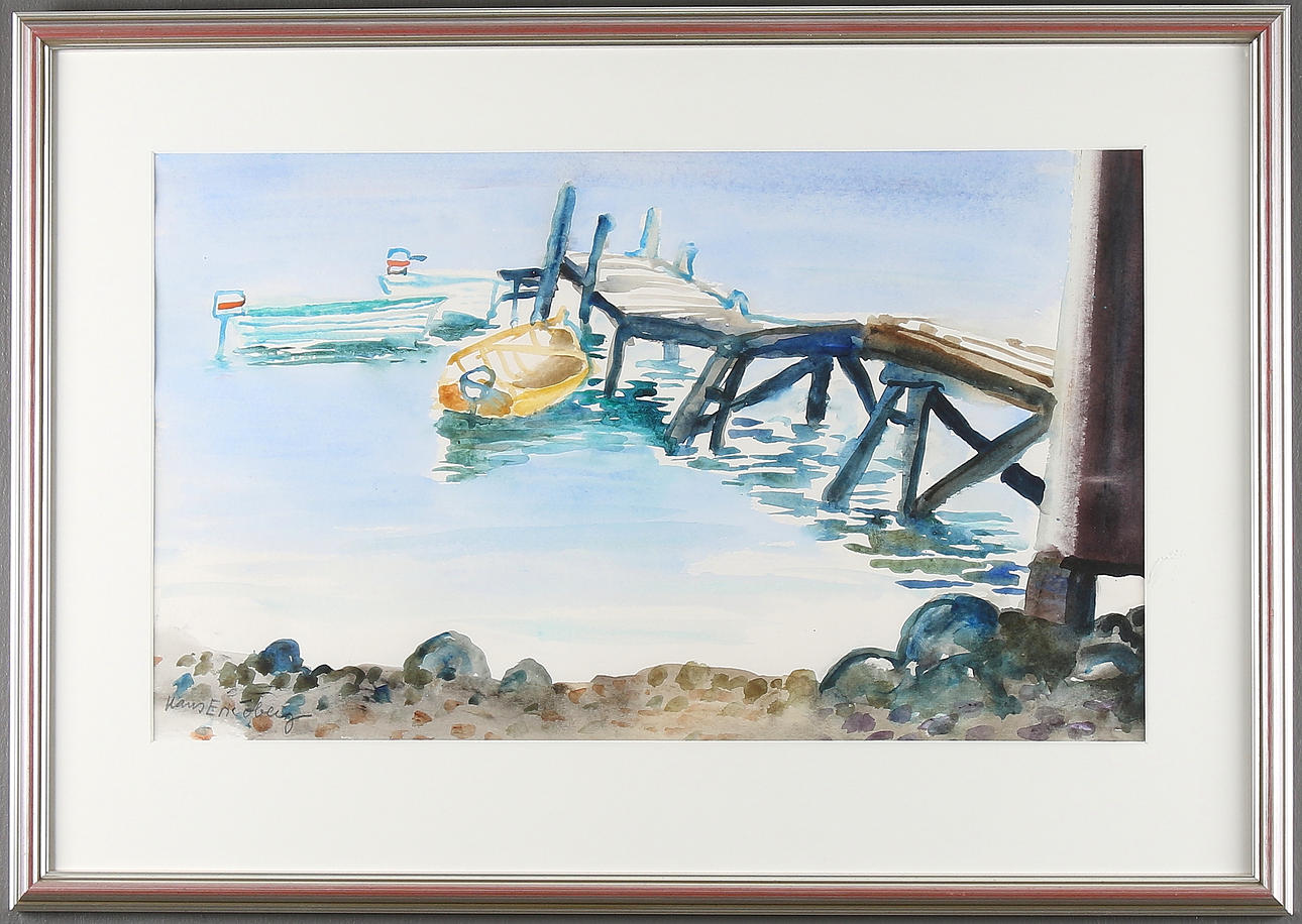 HANS ERIK ÖBERG. Brygg med båtar, akvarell, signerad.