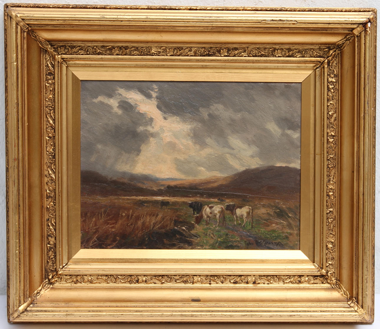 JOHN R HARVEY. Olja på pannå. Landskap med kor, signerad.