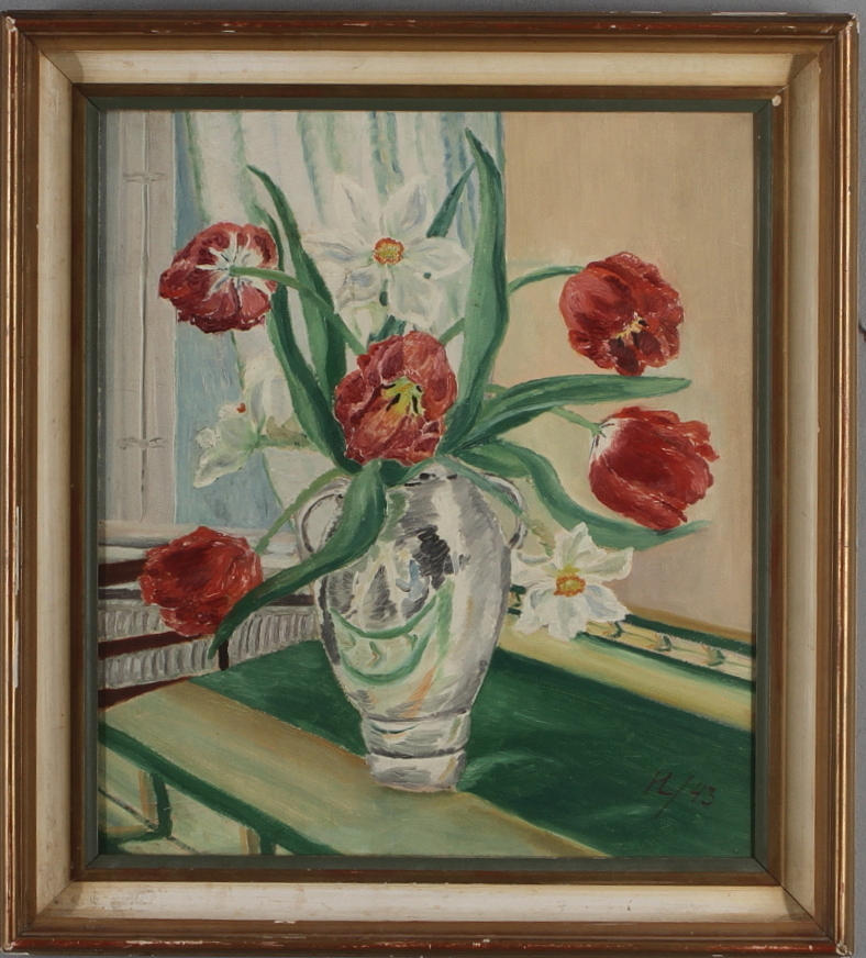 OIDENTIFIERAD KONSTNÄR. Blomsterstilleben, olja på pannå, monogramsignerad HL samt daterad -43.