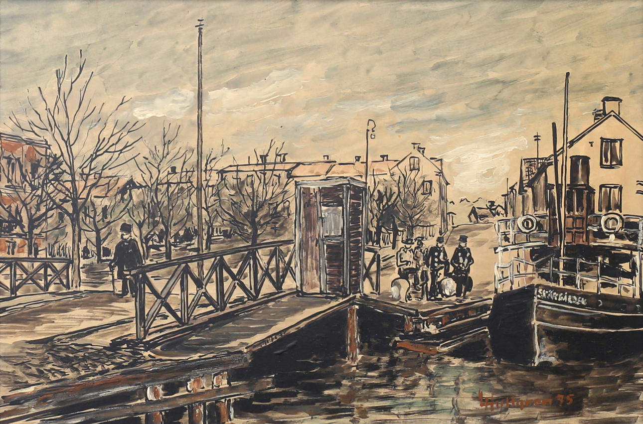 LARS HULTGREN. Skeppsbron, Oskarshamn. Mixed media on panel, signed and dated -75.