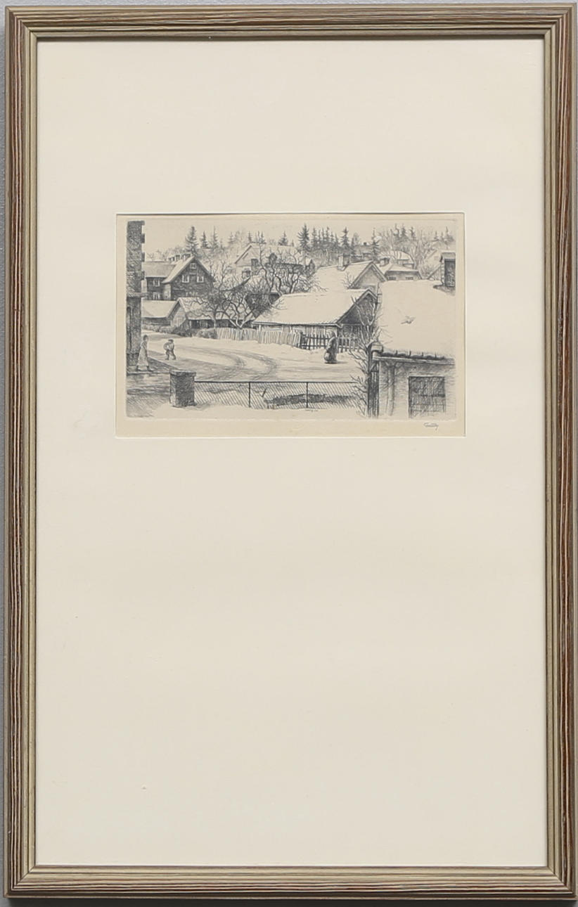 FOLKE GULLBY. "Parti från Åtvidaberg". Etsning 1956, signerad.