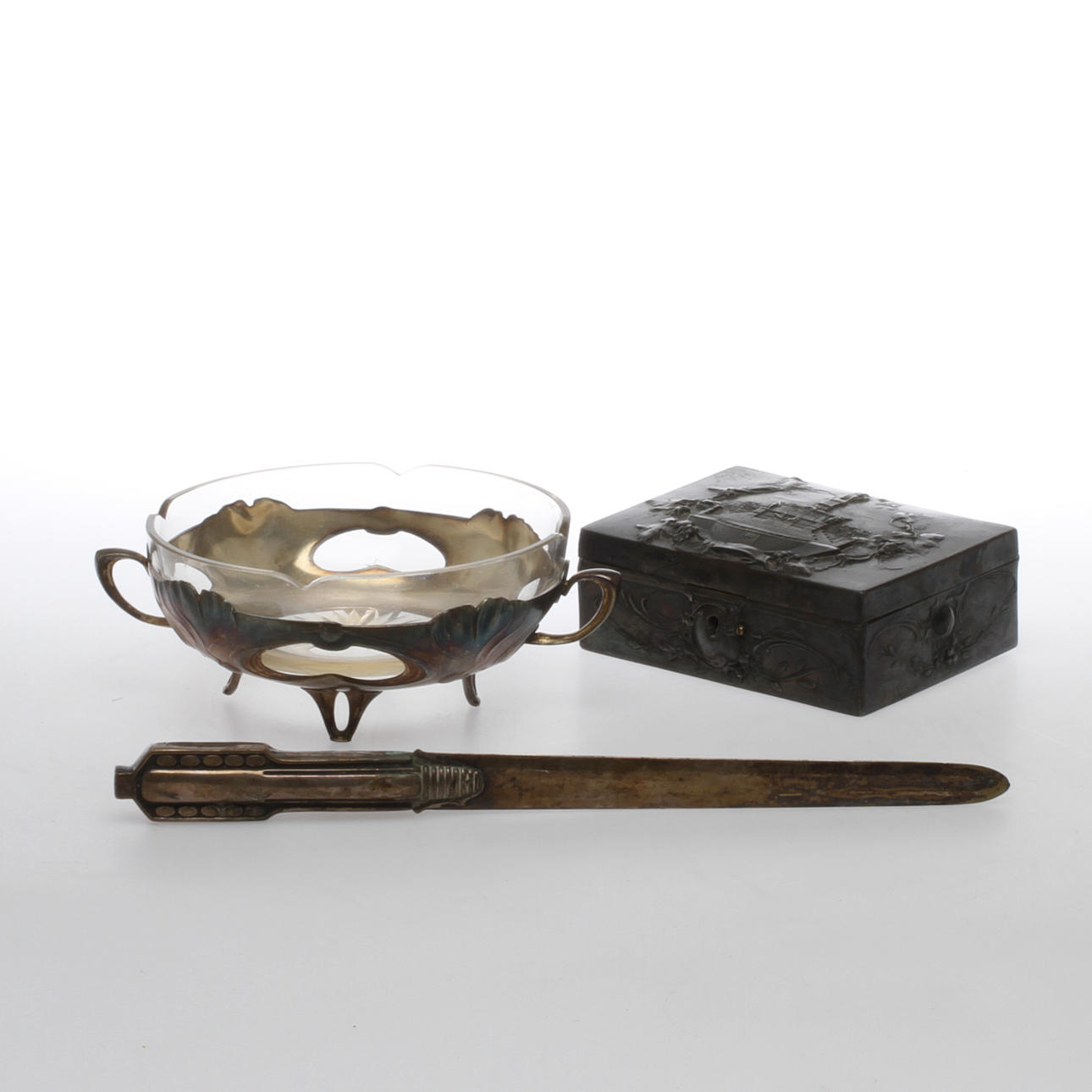 SKRIN, SKÅL samt BREVKNIV, 3 delar, metall, delvis jugend, tidigt 1900-tal.