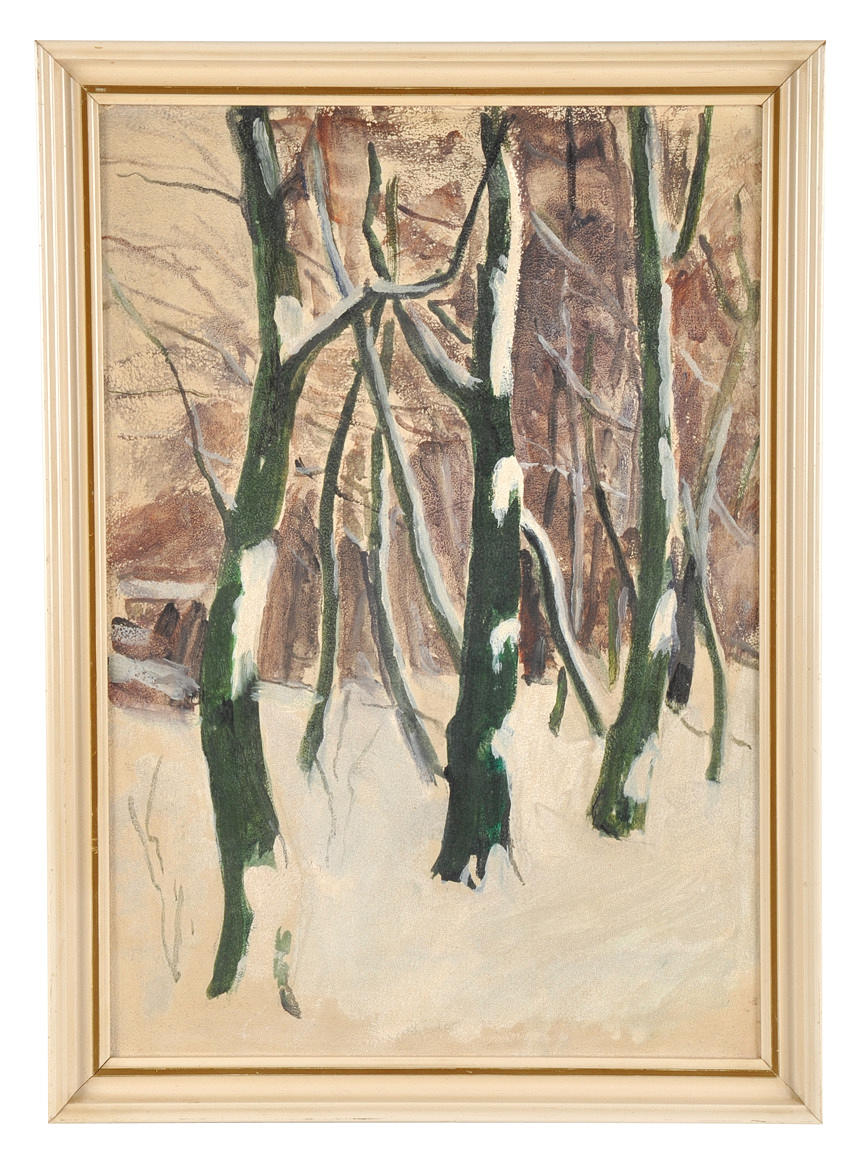 VERSCHNEITER WALD MIT MOOSGRÜNEN BAUMSTÄMMEN.