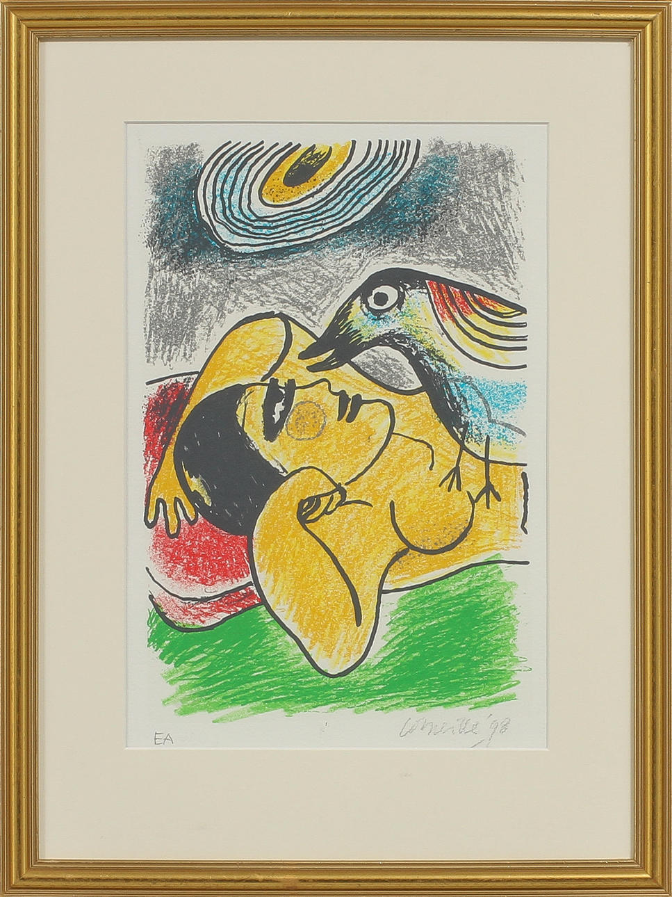 CORNEILLE VAN BEVERLOO. Figur och fågel, färglitografi, signerad, EA.