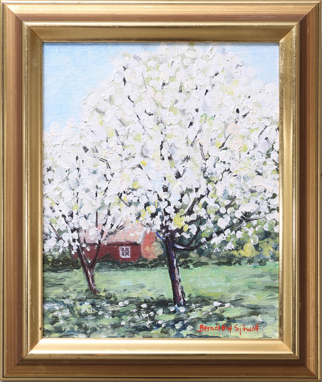 BERNDT OLOF SJÖWALL. "Blommande fruktträd", olja på pannå.