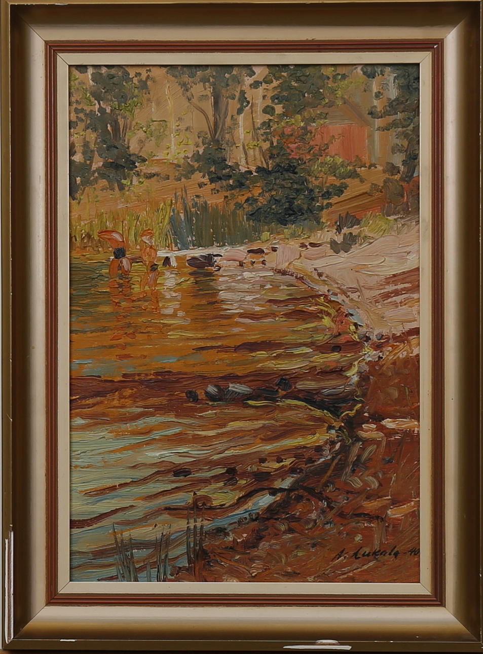 ARVO LUKALA. Badare vid insjö, olja på pannå, signerad A Lukala och daterad -40.