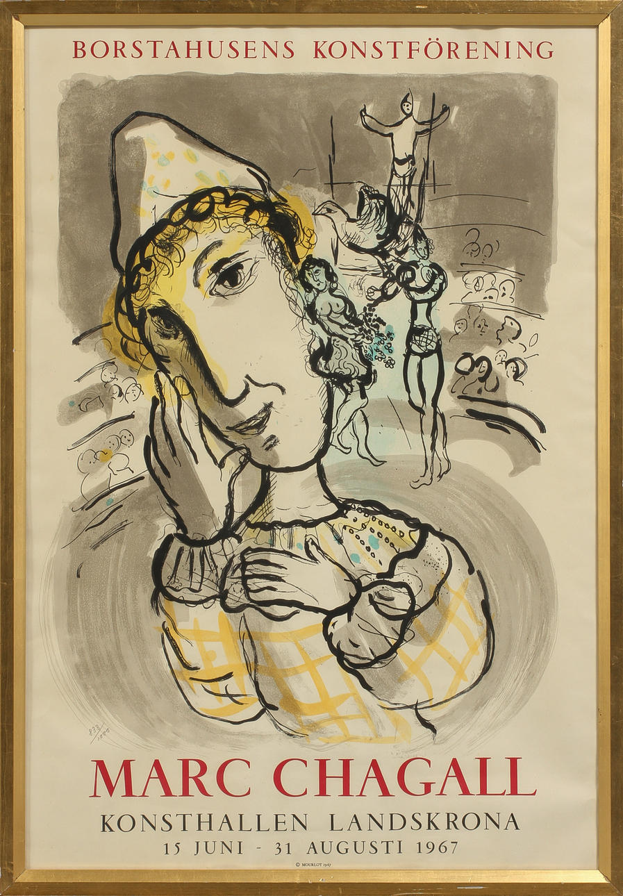 MARC CHAGALL. EFTER. Affisch, Konsthallen Landskrona, Borstahusens konsthall Mourlot 1967. Numrerad 833/1000.