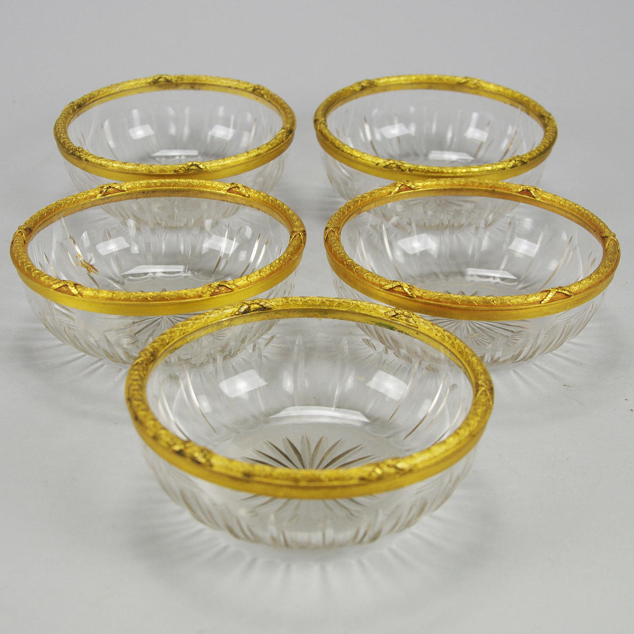 SKÅLAR, 5 stycken, glas med förgylld kant, Galbiati, Milano, 1800-tal.