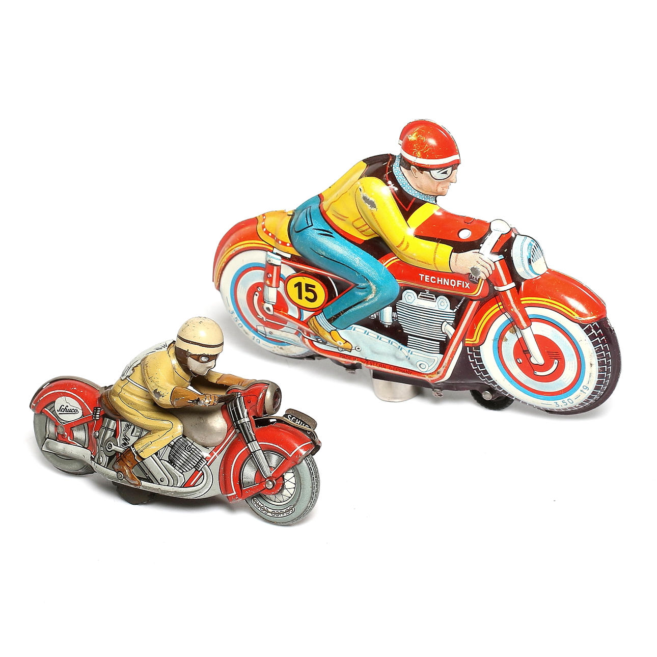 MOTORCYKLAR, 2 st, plåt, bl.a. "Schuco", 1900-tals.