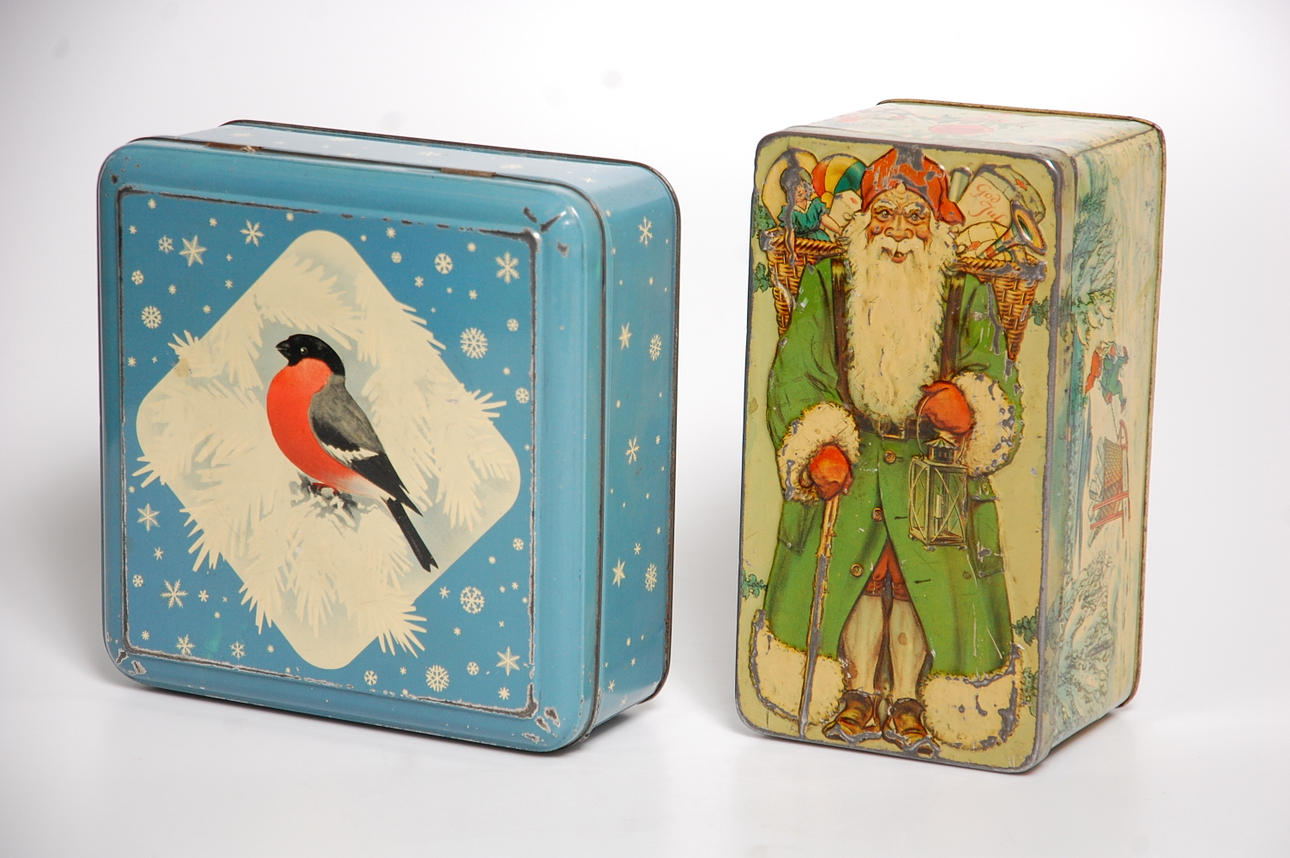 PLÅTBURKAR julmotiv, 2 st 1900-talets början.