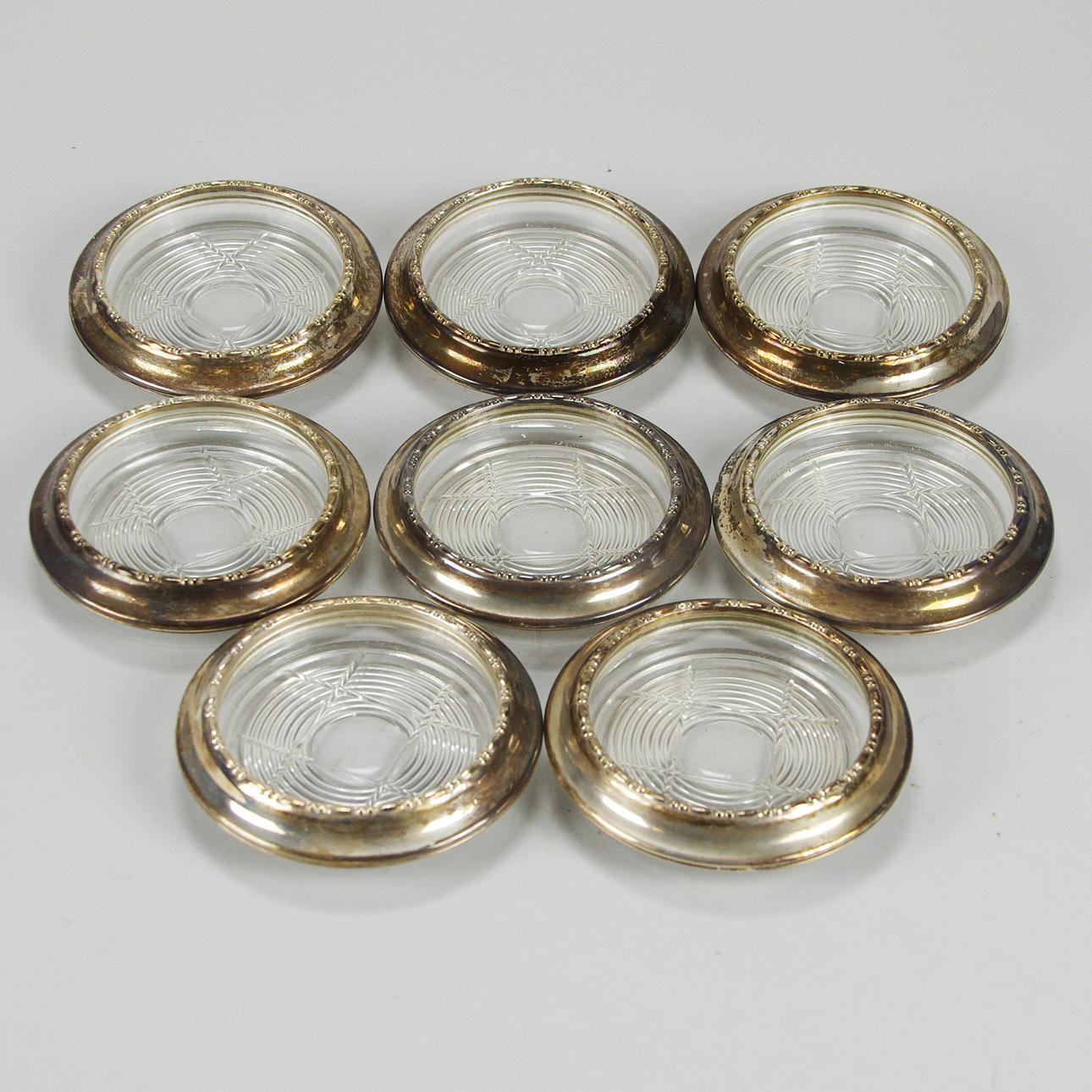 COSTERS, 8 stycken, Amston, USA, glas/nysilver.