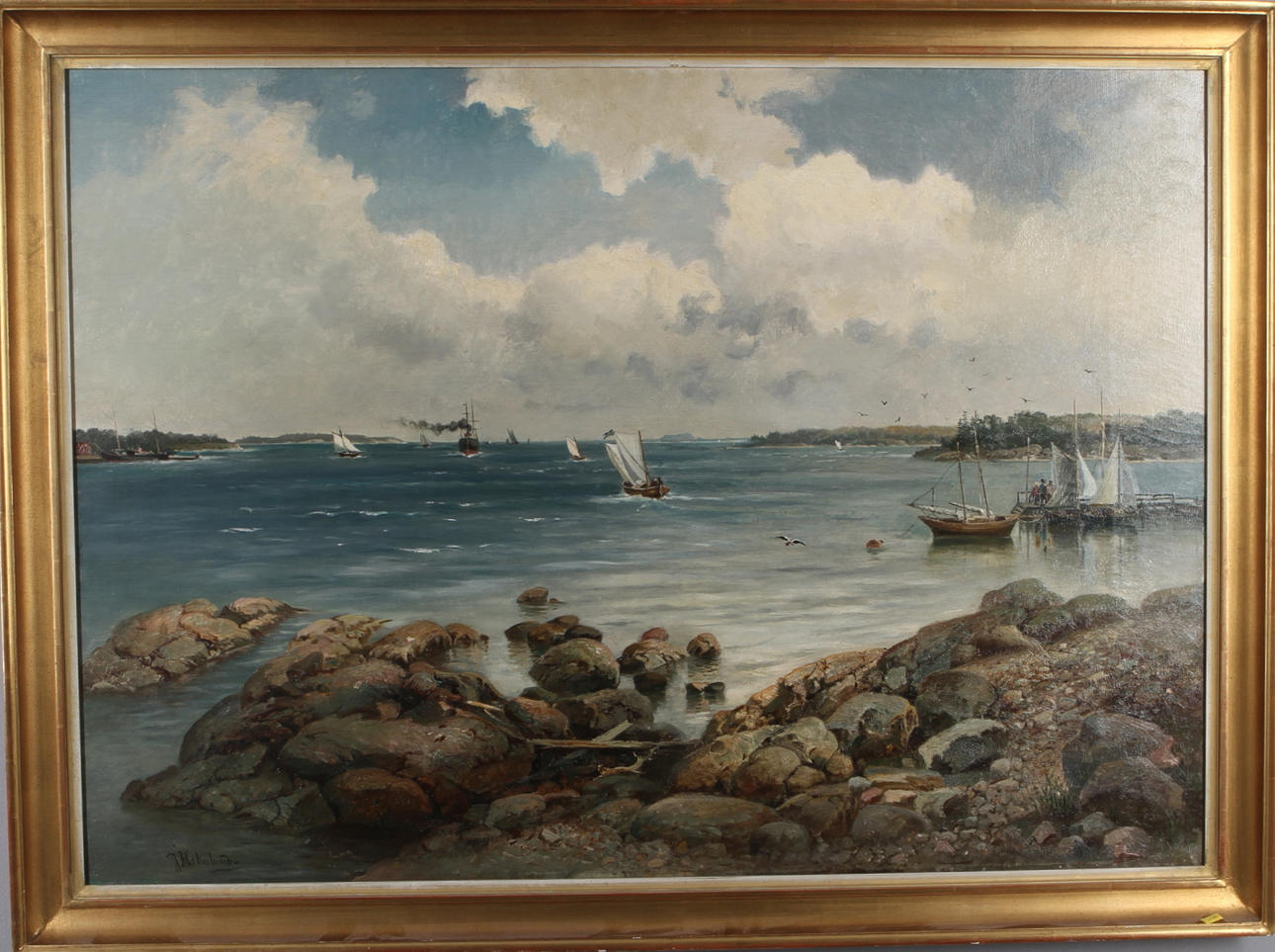 JOSEFINA HOLMLUND. Kustlandskap med båtar, olja på duk, signerad.