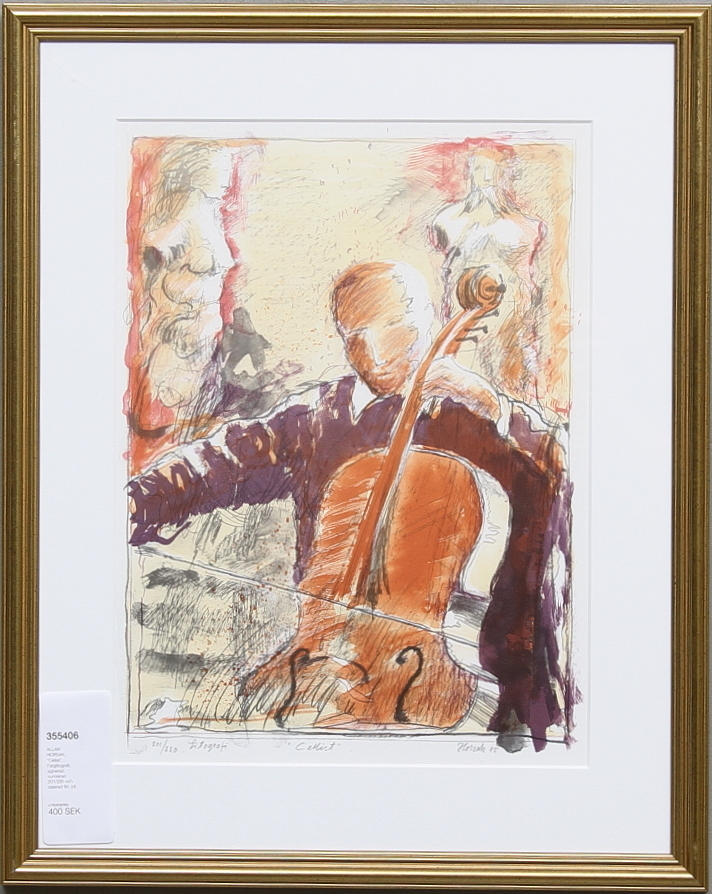 ALLAN HORSAK. "Cellist". Färglitografi, signerad, numrerad 201/220 och daterad 95.