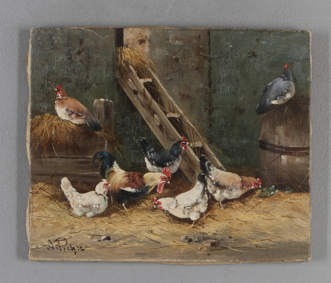 OIDENTIFIERAD KONSTNÄR. Tuppar och höns, olja på duk, signerad.