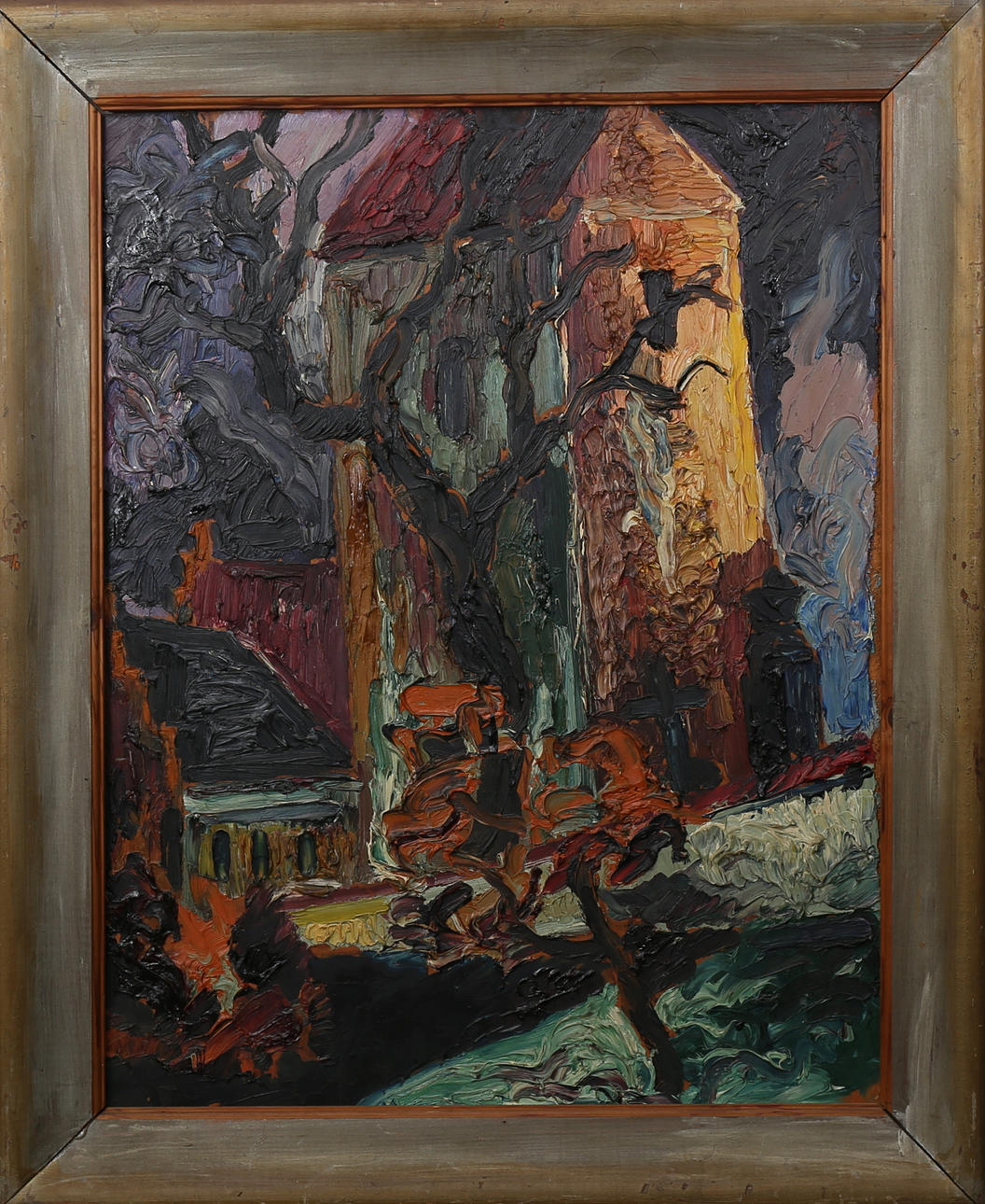 GUNNAR JONN. Komposition med arkitektur. Olja på pannå, osignerad.