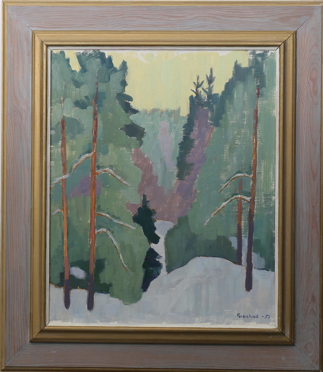 ARNE GRANHALL. Snö i skogen, olja på pannå, signerad Granhall och daterad -51.