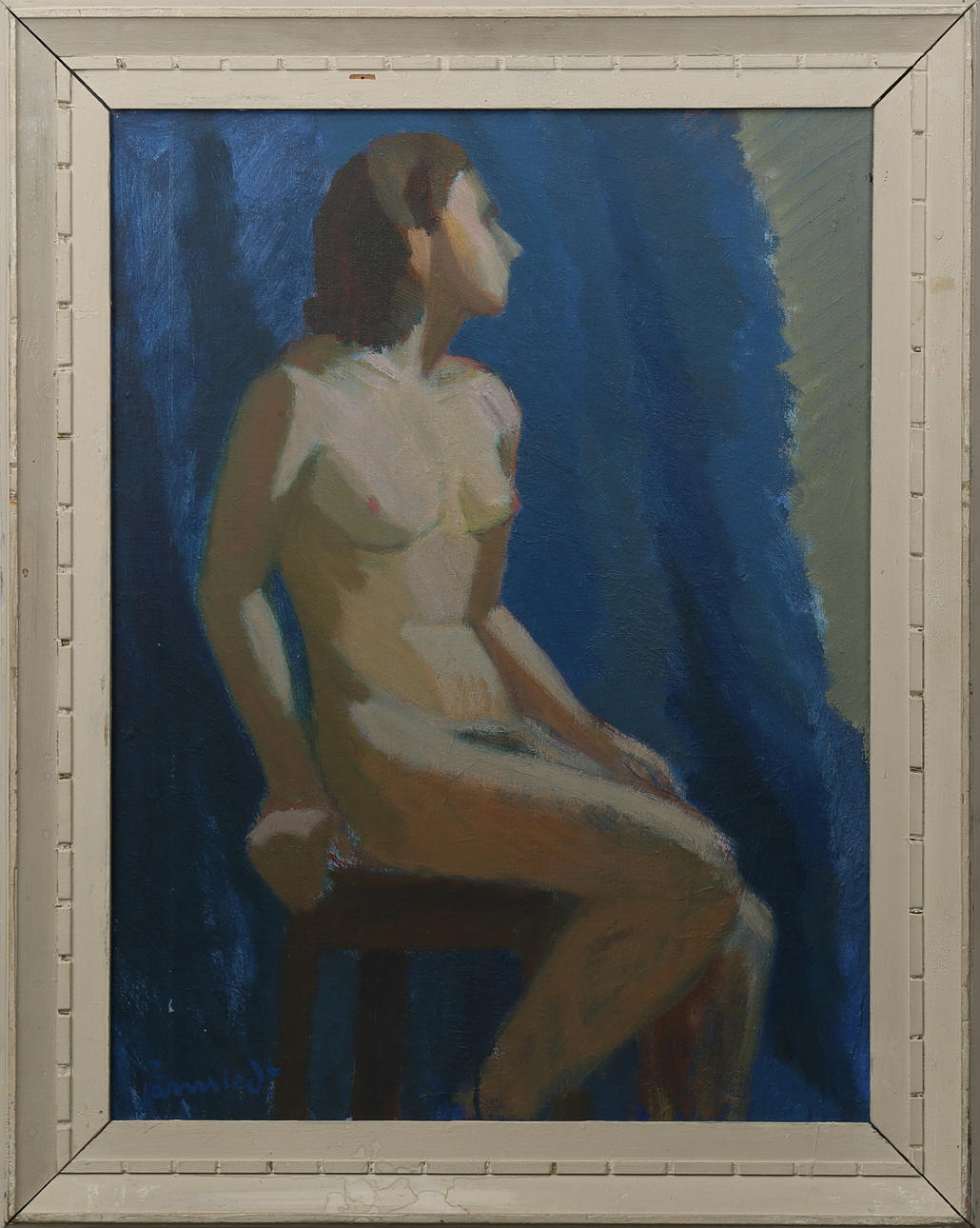 OIDENTIFIERAD KONSTNÄR. Modell, olja på pannå, otydlig signatur Jörnstedt?