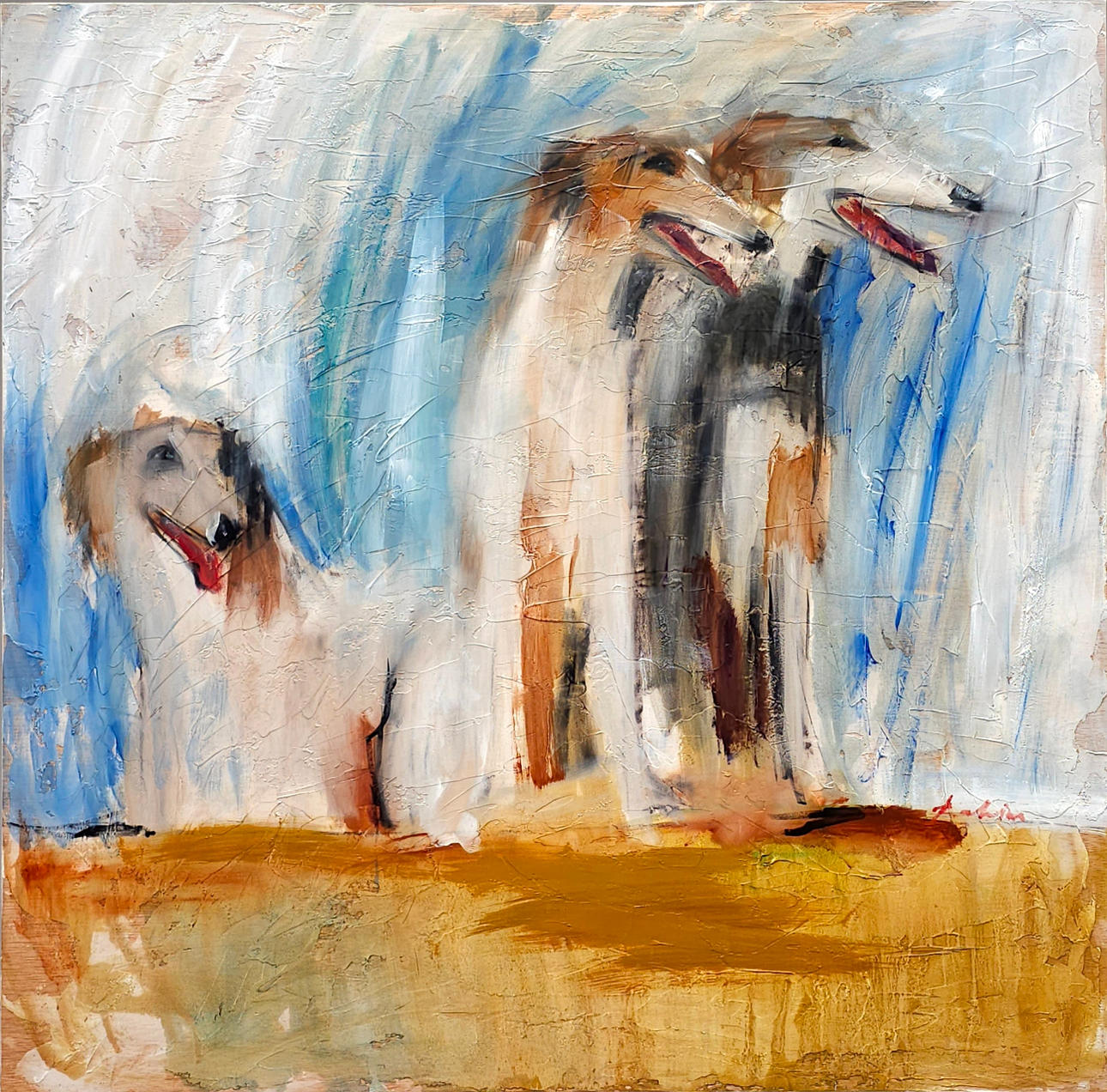 RAHIM EL. TÉCNICA MIXTA SOBRE MADERA"PERROS BORZOI".