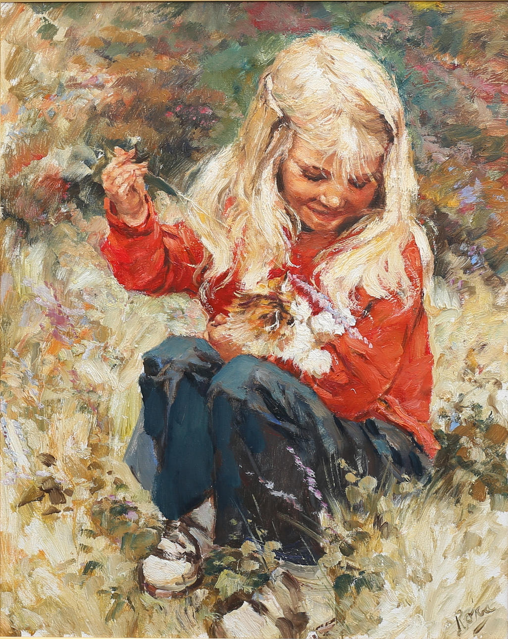 CHARLES ROKA. Flicka med katt, olja på duk, signerad.