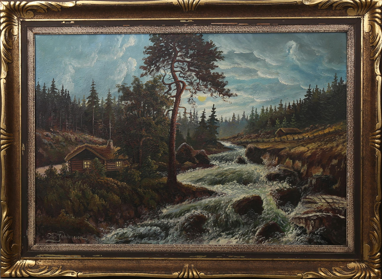 ERIC JOHANSSON. Bäck i skogslandskap, olja på duk, signerad.