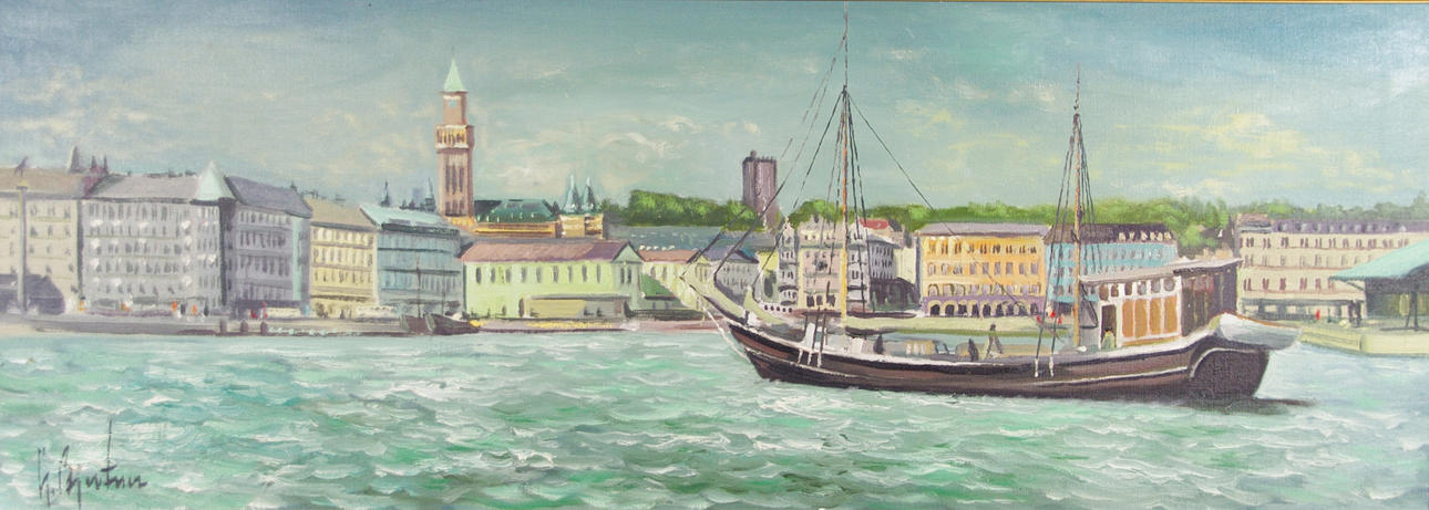 GÖTE BJERTNER. Vy mot Helsingborg, olja på duk, signerad G. Bjertner.