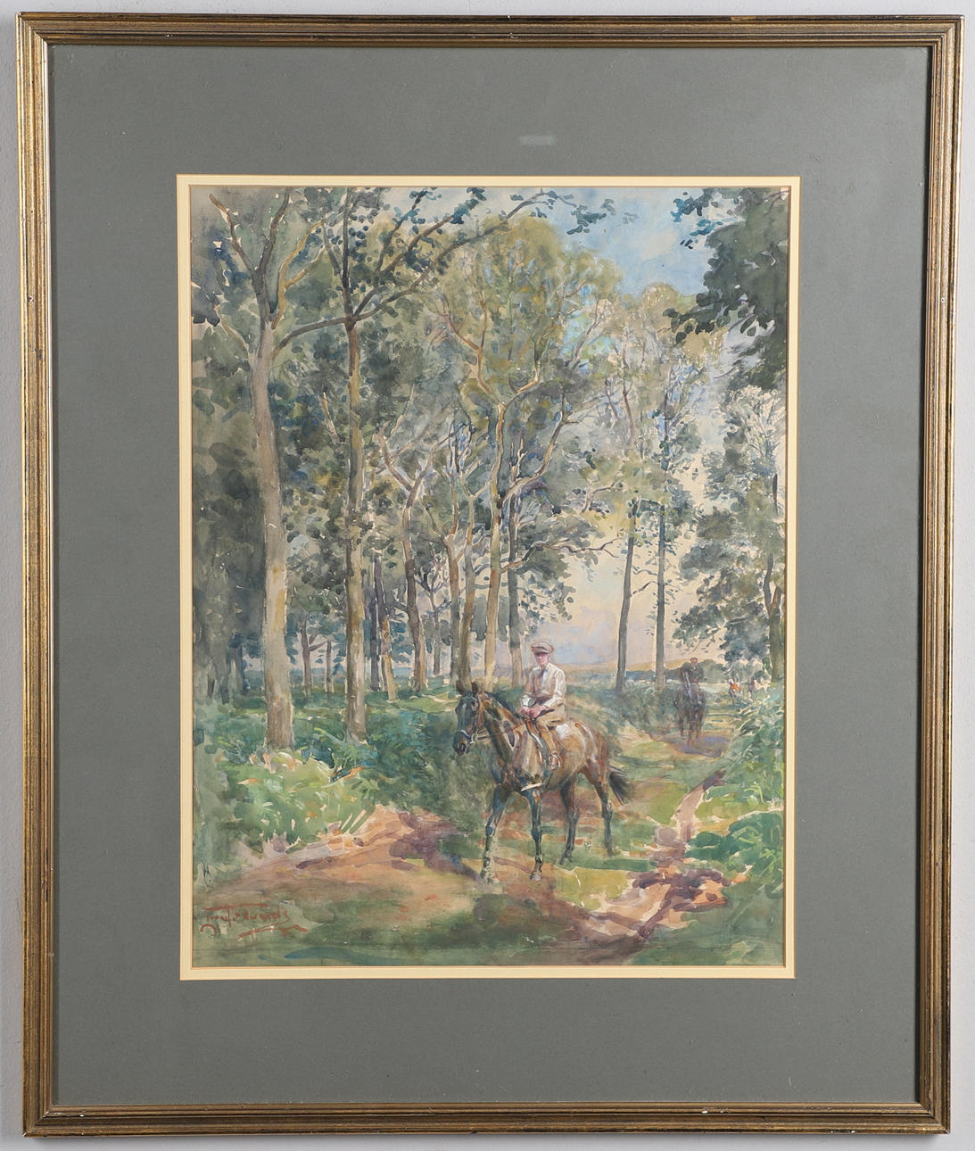 LIONEL EDWARDS (1878-1966). FIGURES RIDING ON A WOODLAND PATH.