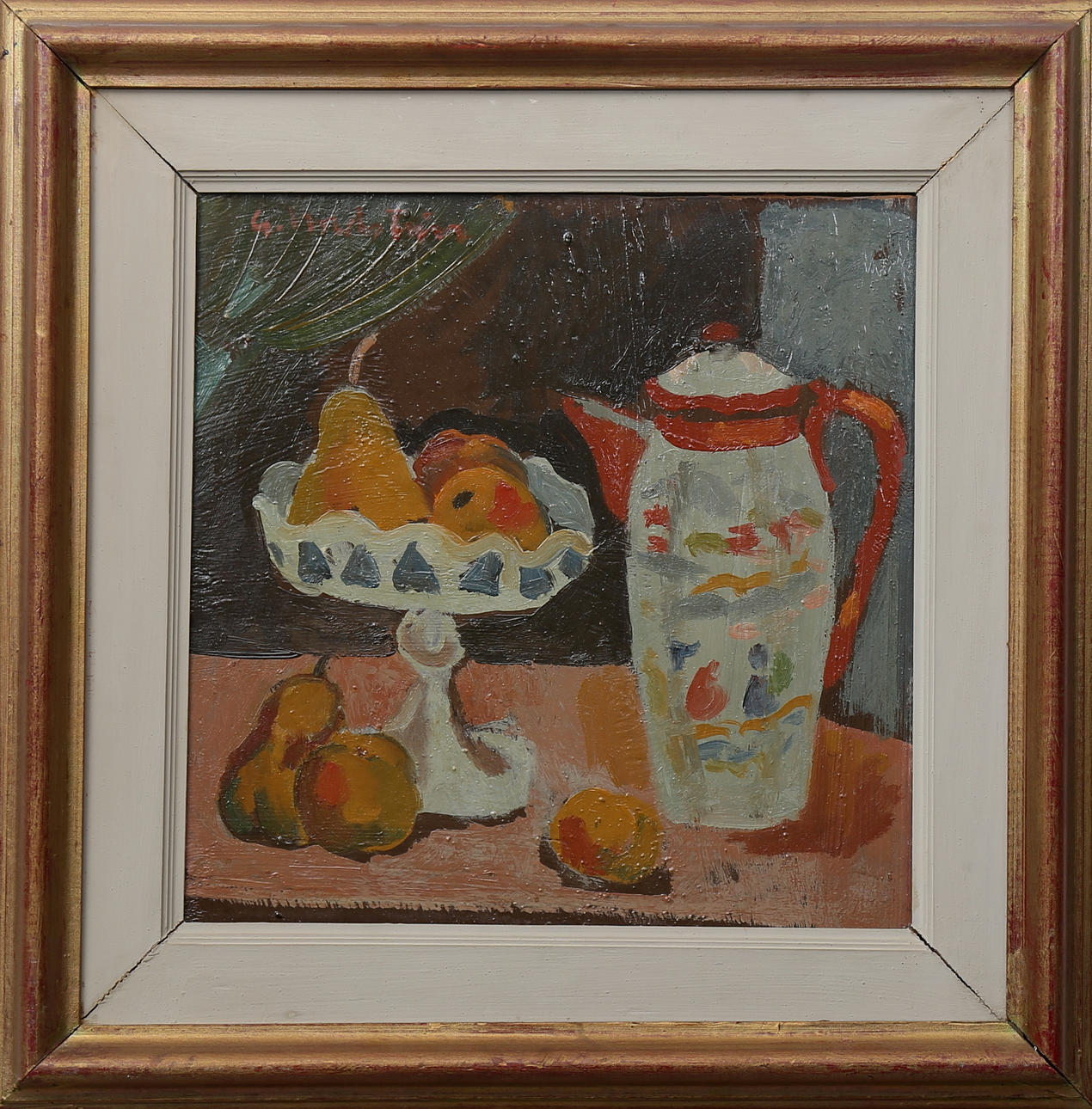 GERHARD NORDSTRÖM. Stilleben med kanna och fruktskål. Olja på pannå, signerad G. Nordström.