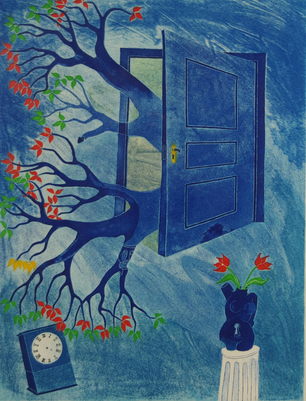 HENRY UNGER. Komposition med dörr och träd, färglitografi, signerad Unger.