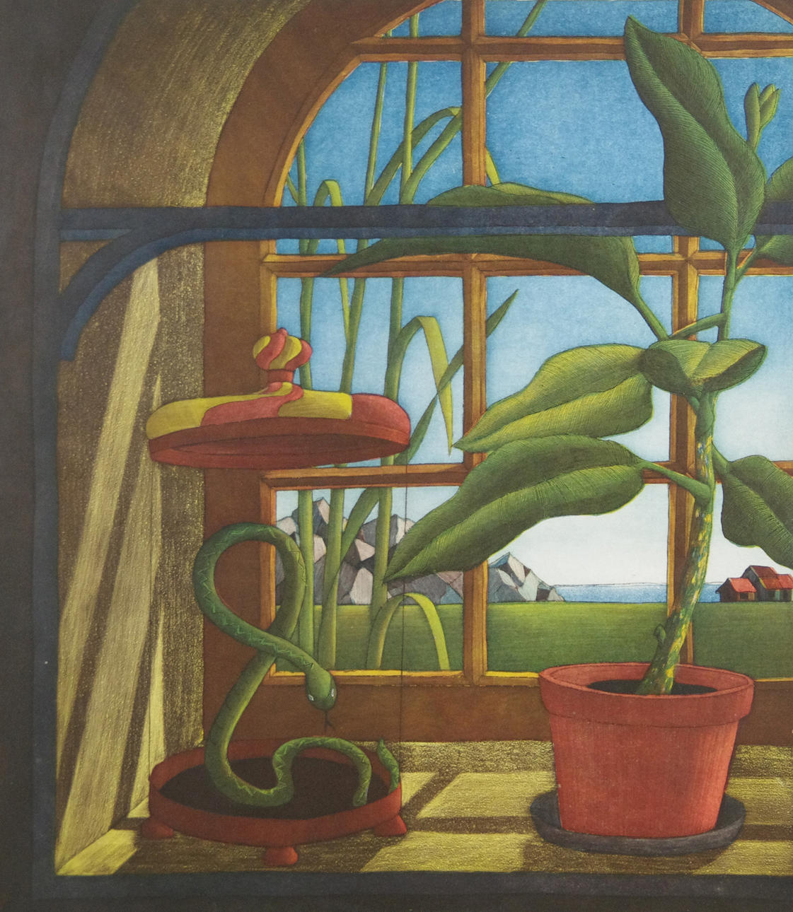 PER CRONQUIST. Fönsterstilleben, färglitografi, signerad 1980.