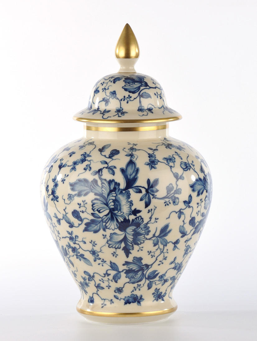 ALKA KUNST, DEKOR DONATA. Stor vas med lock, blommig koboltblått och guld.