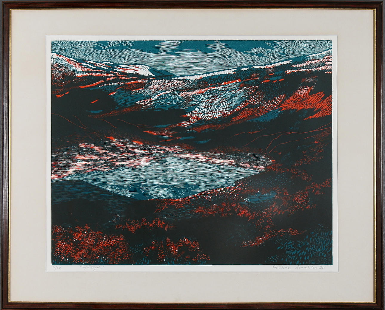 KRISTINA MUNKLINDE. "Fjällsjön", färglitografi, signerad och numrerad 6/30.
