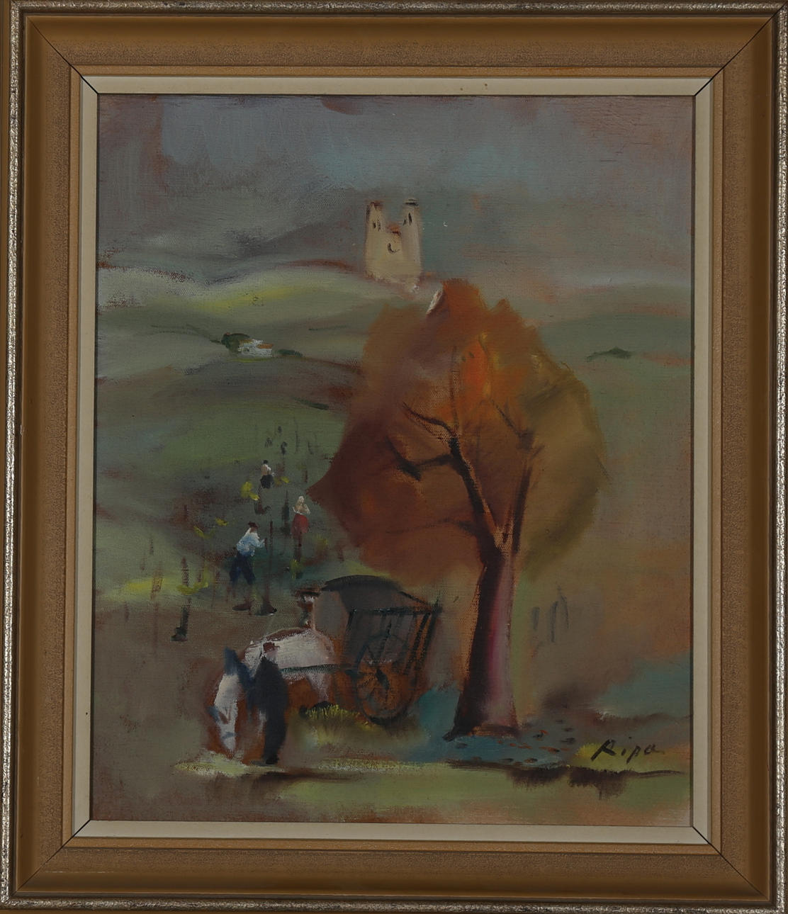 HANS RIPA. Landskap med åsnekärra. Olja på pannå, signerad Ripa.