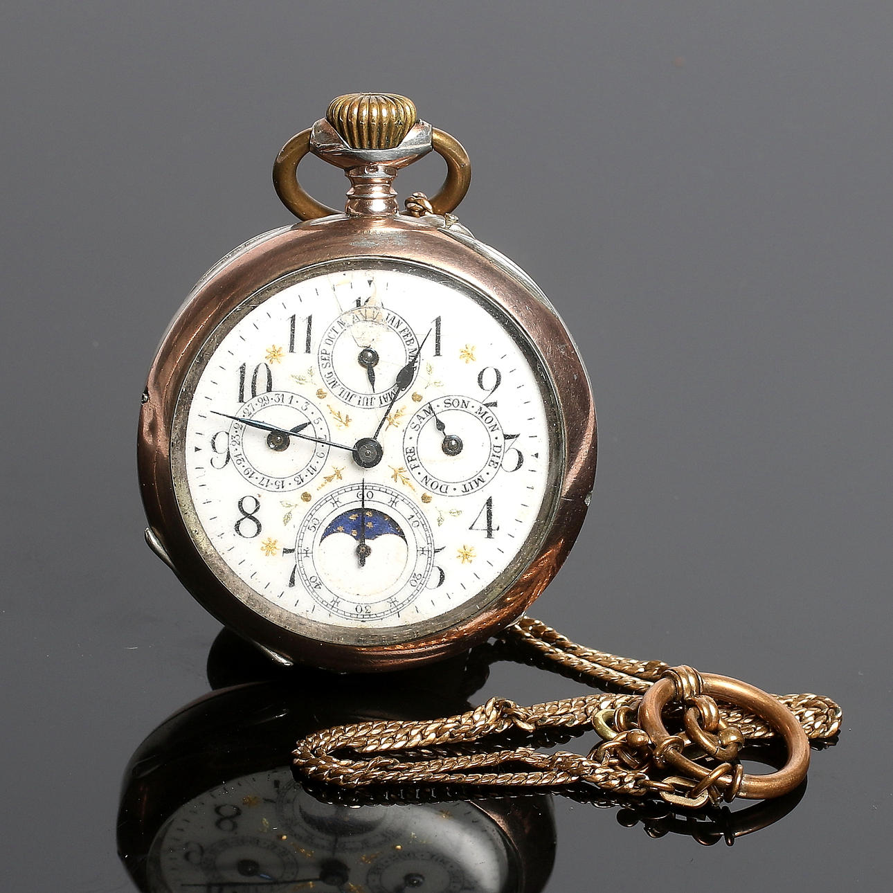 FICKUR, silver, "kalenderur", omkring år 1900.