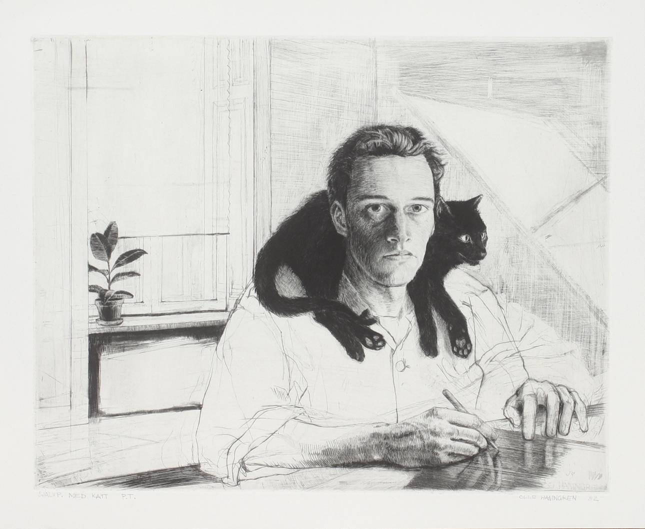 OLLE HAMNGREN. “Self-portrait with cat”, etching, signed sample print.