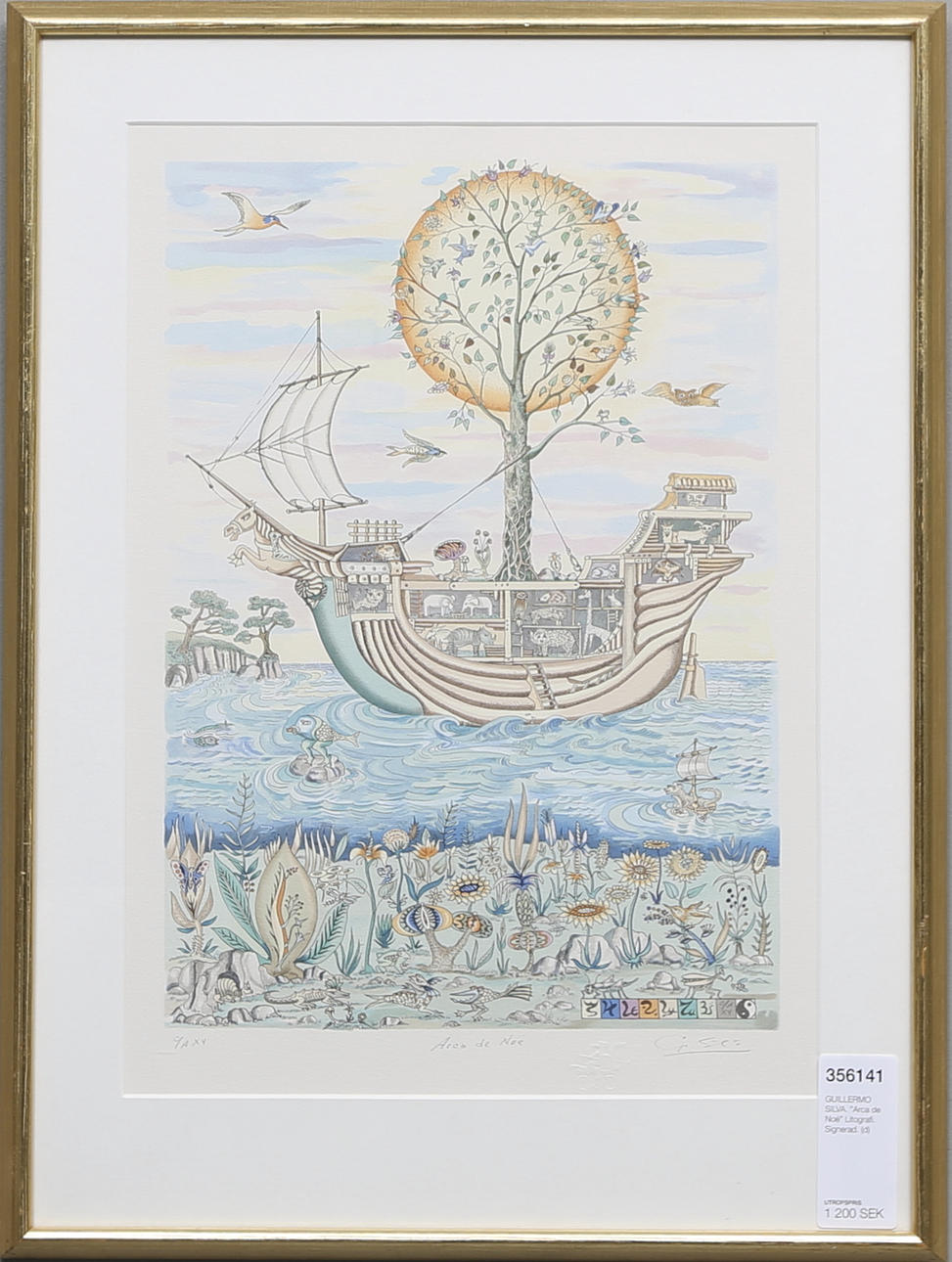 GUILLERMO SILVA. "Arca de Noé" Litografi. Signerad.