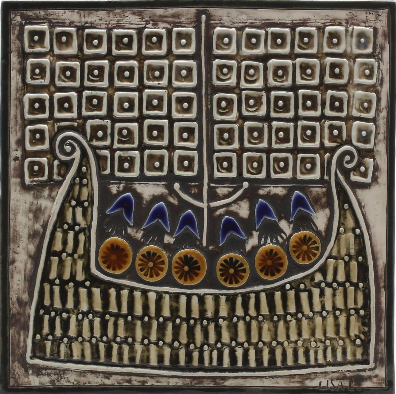 VÄGGPLAKETT, vikingaskepp, Lisa Larson, Gustavsberg, stengods, 1900-tal.