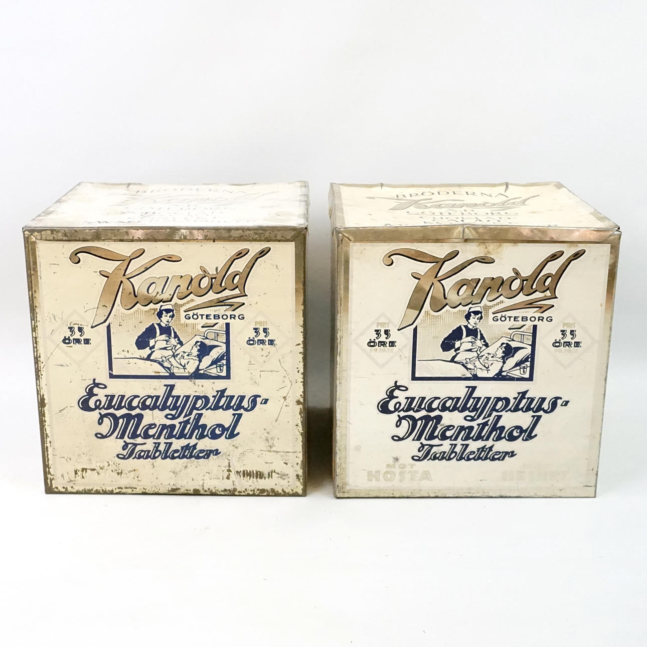 PLÅTBURKAR, 2 st, "Eucalyptus-Menthol tabletter", Kanold, Göteborg.