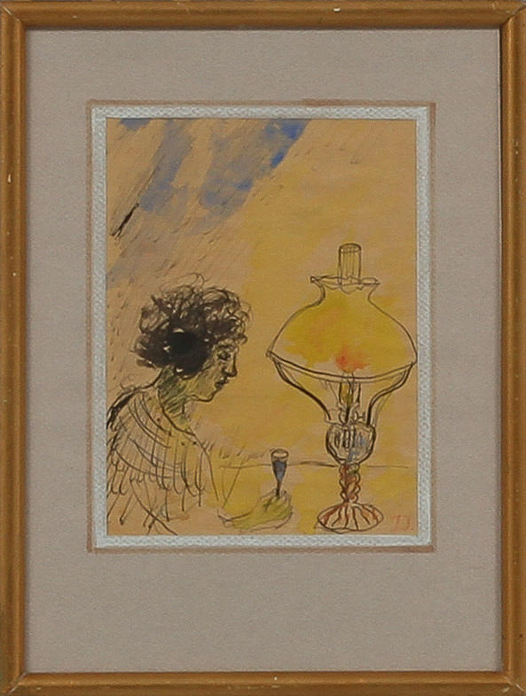 IVAN IVARSON. Kvinna vid fotogenlampa. Akvarell, signerad.