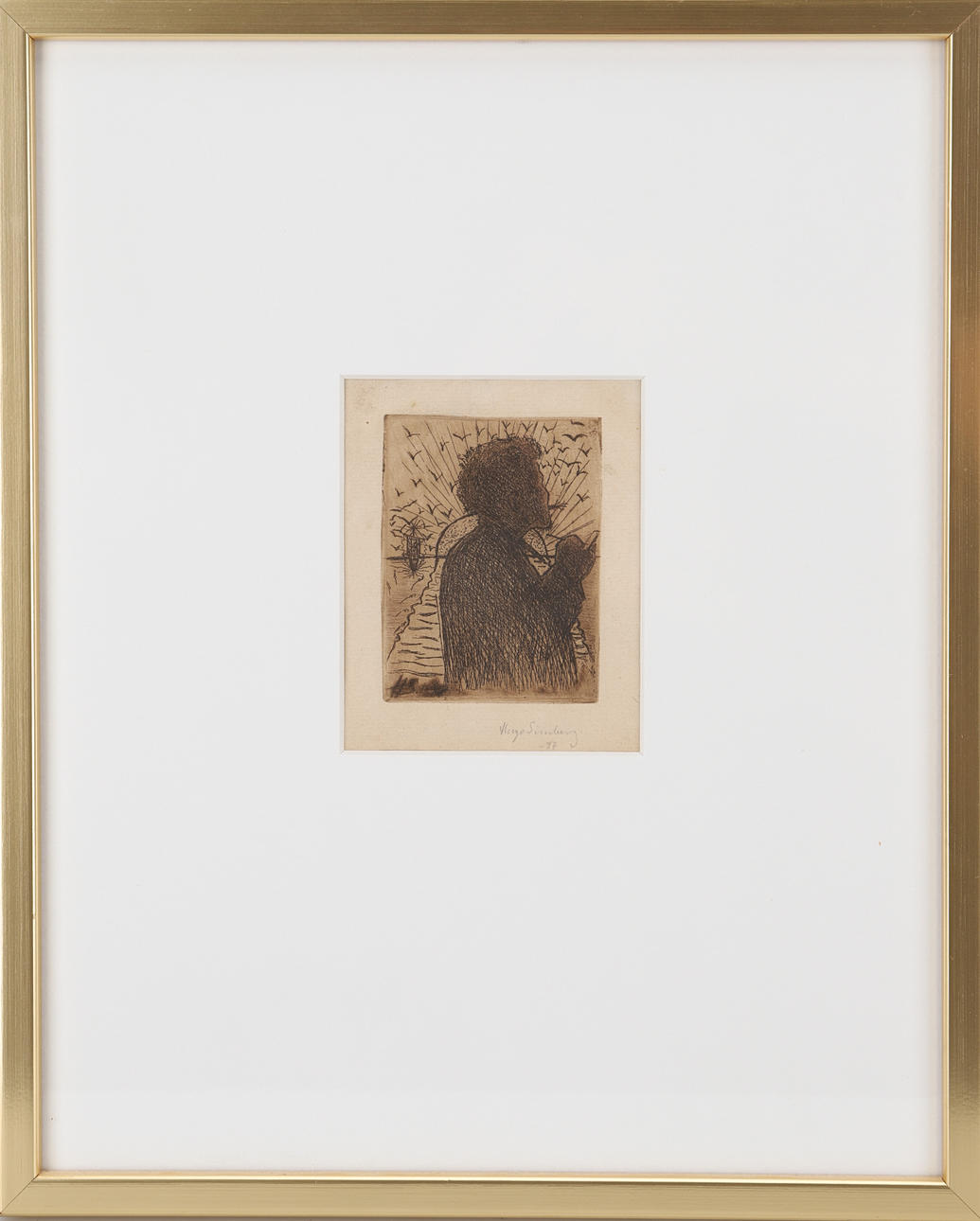 HUGO SIMBERG. Self-portrait with sketchpad, etching, signed and dated -97.