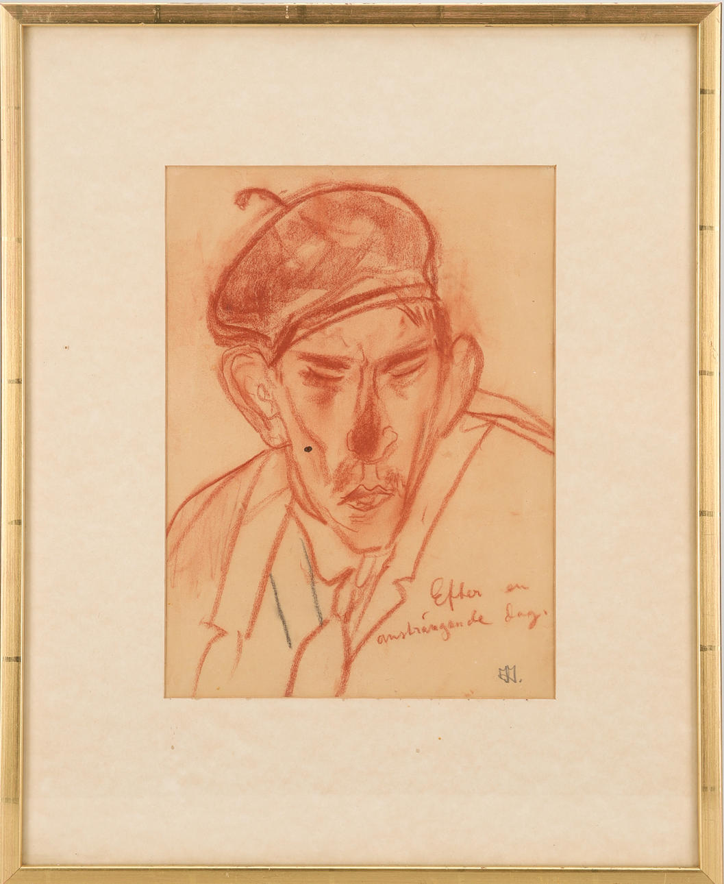 IVAN IVARSON. "Efter en ansträngande dag", teckning, rödkrita, monogramsignerad.