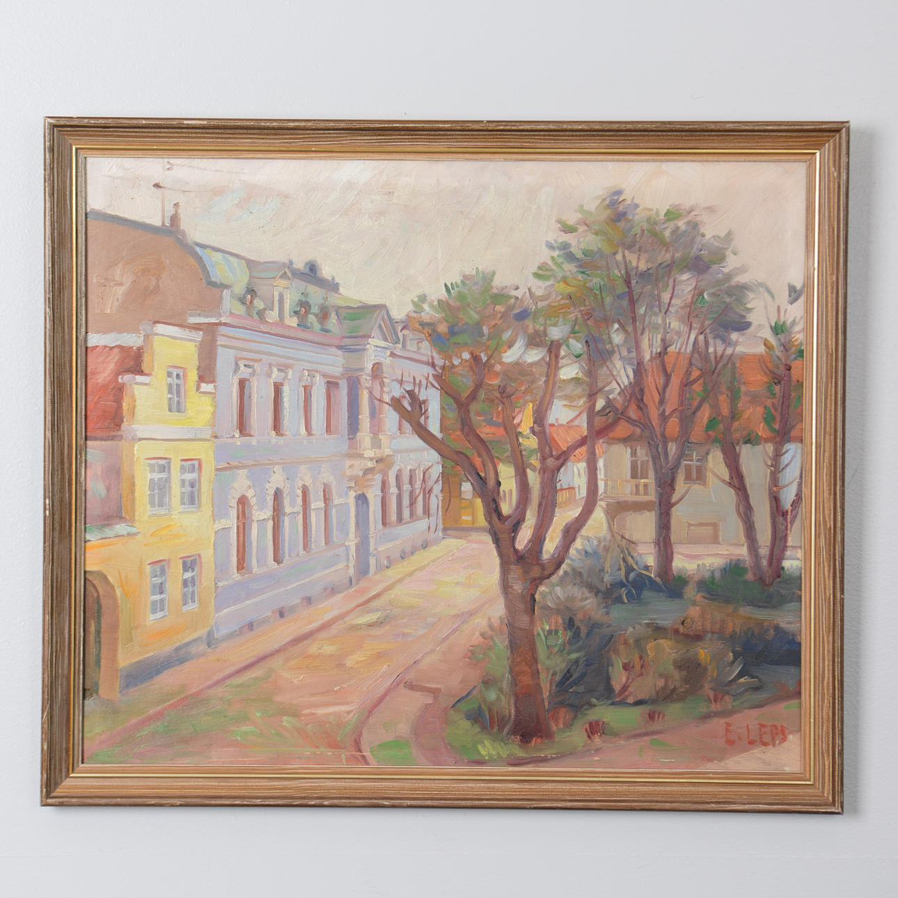 ERICH LEPS. City view with trees, oil on panel, signed.