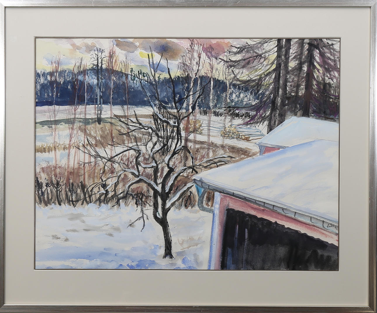 EVY LÅÅS. Schneelandschaft, Aquarell, signiert.