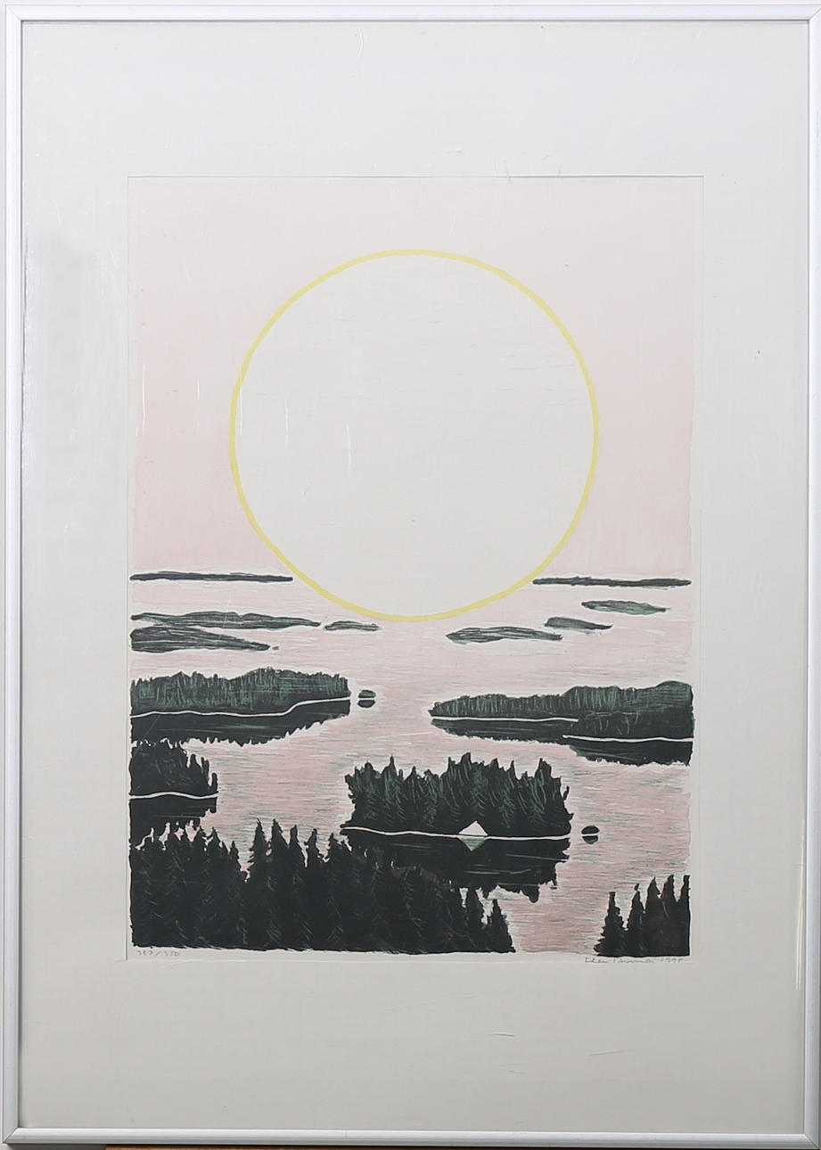STEN DUNÉR. Komposition med landskap, färglitografi nr 327/350, signerad och daterad 1998.